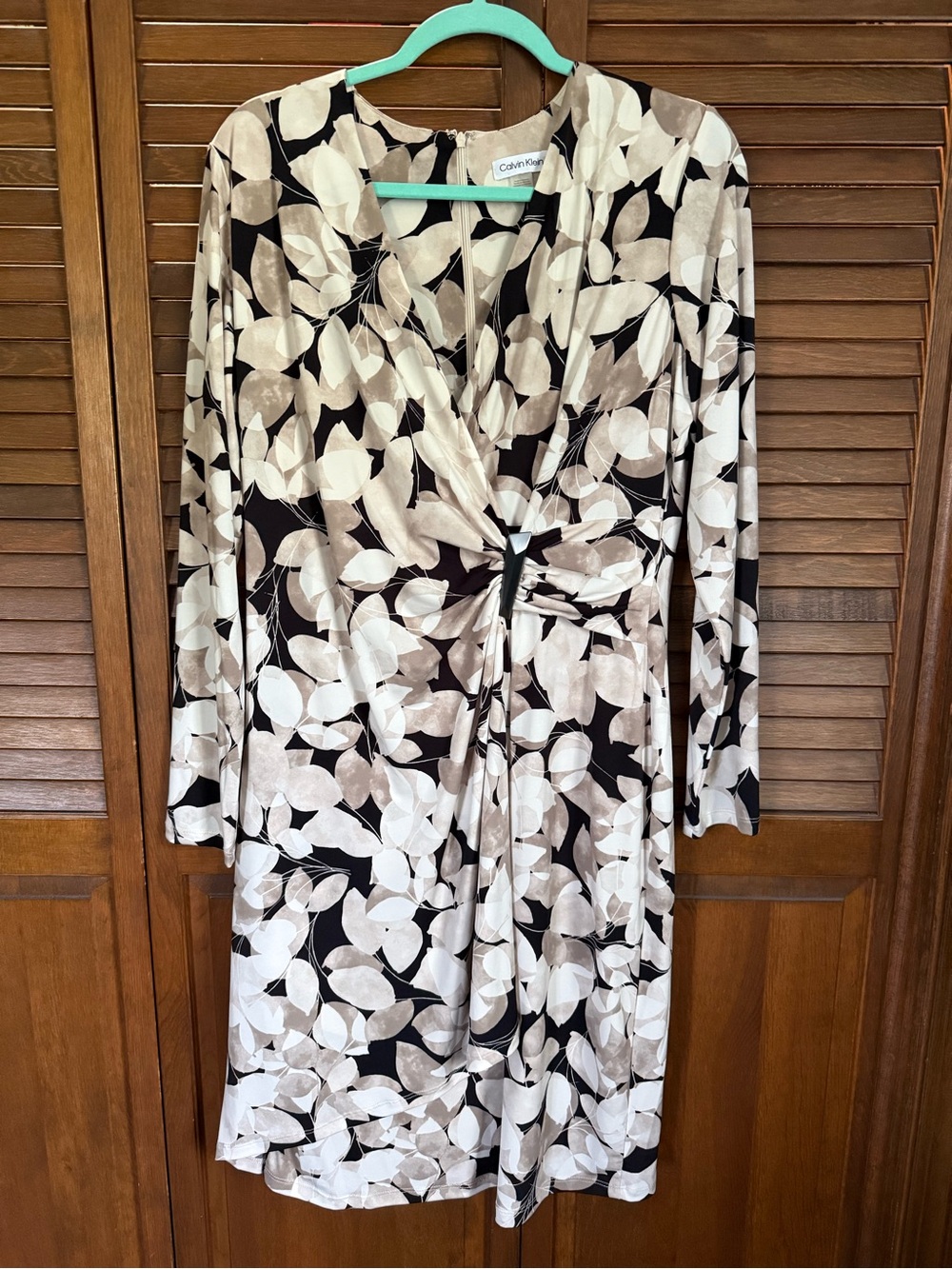 Calvin Klein Black Dress with Cream & Tan Leaf Print